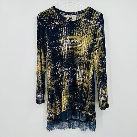 LOGO Lori Goldstein Size XS Navy Blue & Yellow Long Sleeve Lace Trim Tunic Top - Picture 1 of 9